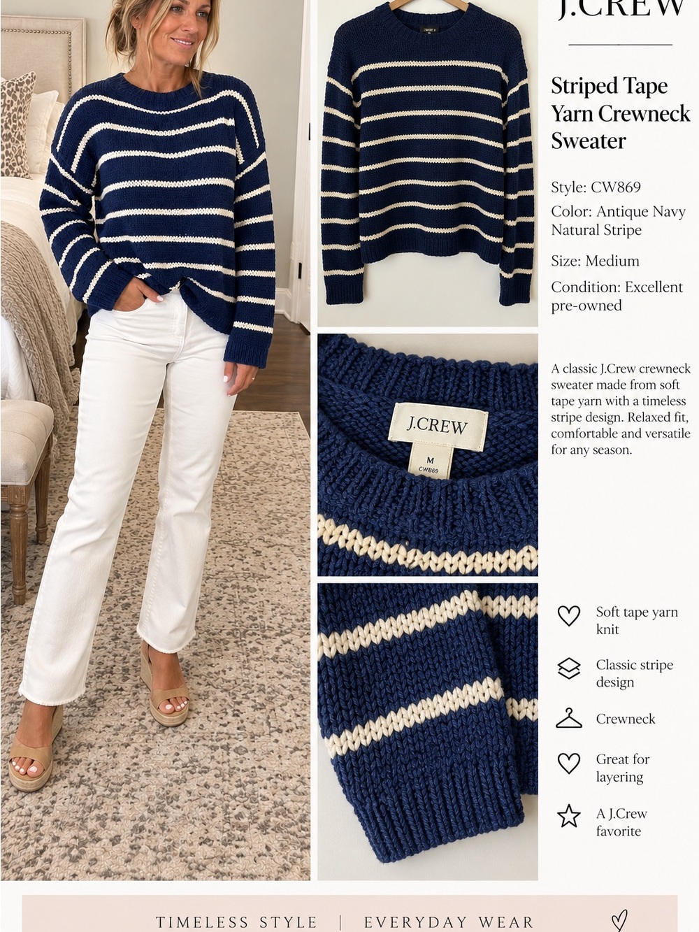 J. Crew Navy and Natural Striped Tape Yarn Crewneck Sweater